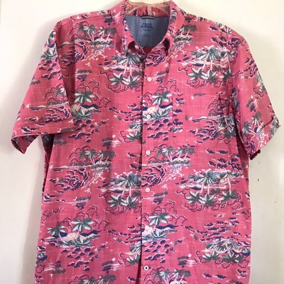 Share Izod Saltwater Men's Sz Large Pink Shirt Short Sleeve Button Down Tropical - Picture 1 of 4